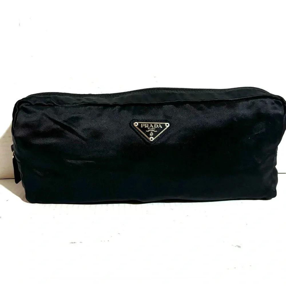 Prada black nylon oblong mini pouch clutch make up bag